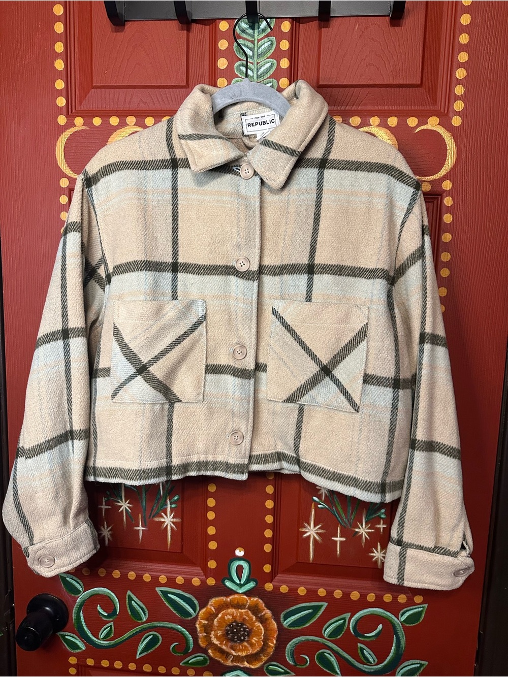 For the Republic Plaid Cropped Button Jacket - Beige & Cream